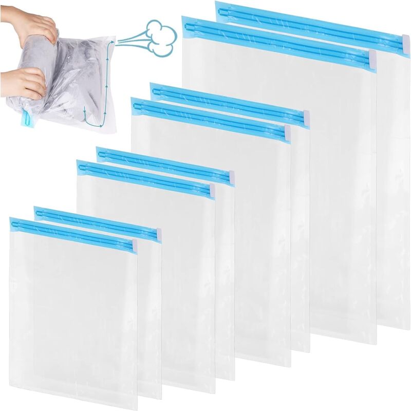 foto del prodotto 8 pezzi sacchetti sottovuoto arrotolati a mano, sacchetti di compressione, sacchetti da viaggio sottovuoto impermeabili e riutilizzabili, per