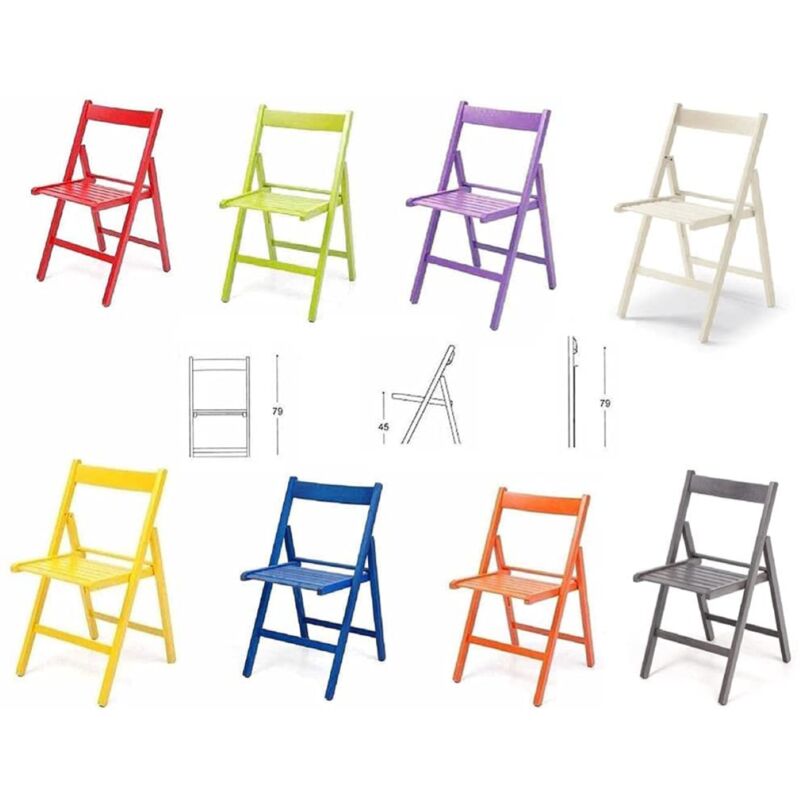 foto del prodotto 8 sedie pieghevoli in legno colorate listellare rosso,verde,viola,bianca,gialla,blu,arancio,grigio