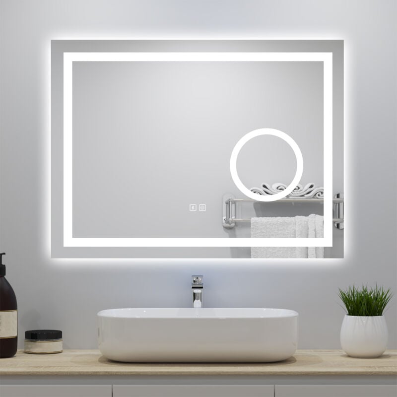 foto del prodotto 80 x 60 cm, specchio da bagno, bluetooth, ingrandimento 3x, disappannamento, touch, 3 temperature di colore, led
