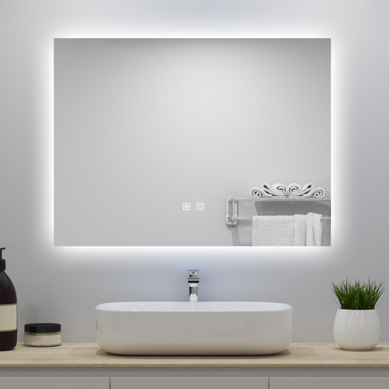 foto del prodotto 80 x 60 cm specchio da bagno, disappannamento, touch, 3 temperature di colore, pulsante a due pulsanti, led