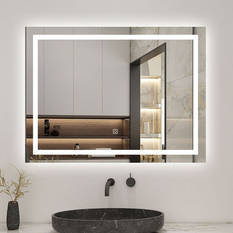 foto del prodotto 80 x 60 cm specchio da bagno rettangolare a led specchio da toeletta specchio da parete, luce bianca 6000k, anti fog, touch