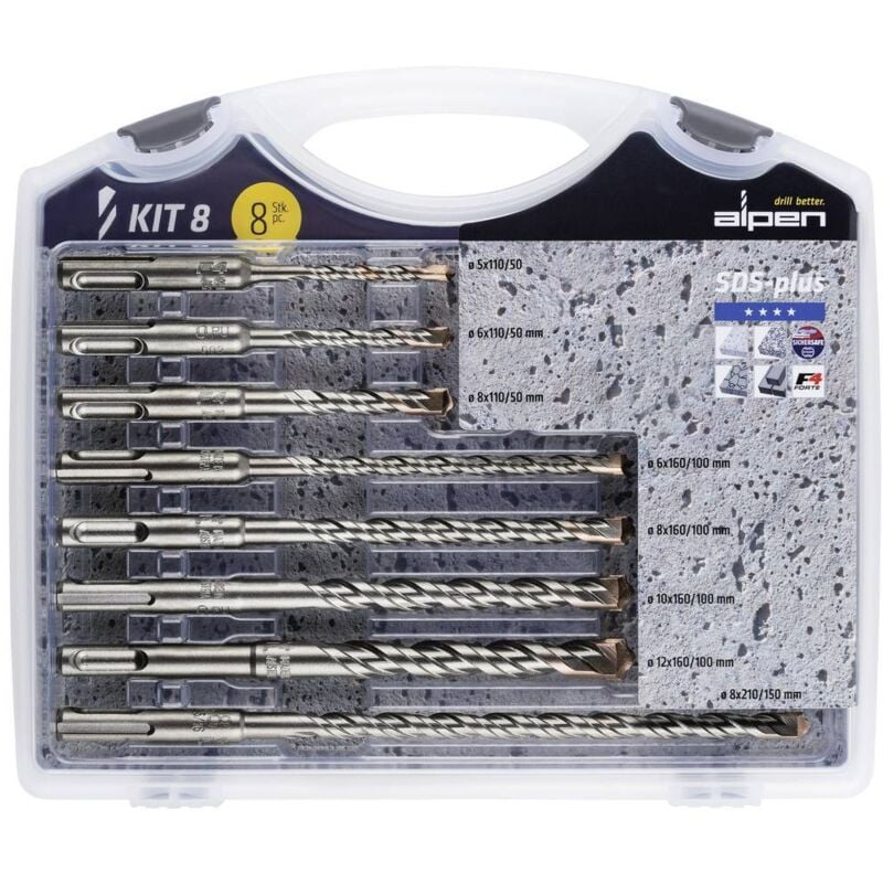 foto del prodotto 80704100100 acciaio kit punte perforatrici 8 parti 5 mm, 6 mm, 6 mm, 8 mm, 8 mm, 8 mm, 10 mm, 12 mm sds plus 1 ki alpen