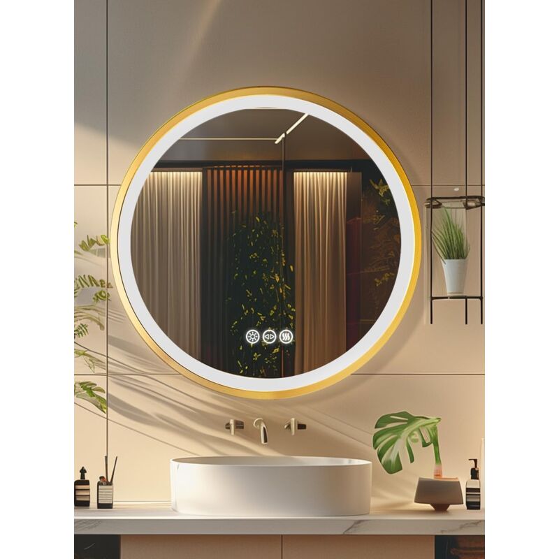 foto del prodotto 80cm specchio bagno led luce rotondo con cornice alluminio dorato, cinghia, dimmerabile luce, antiappannamento, interruttore touch, memoria