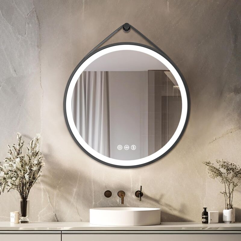 foto del prodotto 80cm specchio bagno led luce rotondo con cornice alluminio nero, cinghia, dimmerabile luce, antiappannamento, interruttore touch, memoria