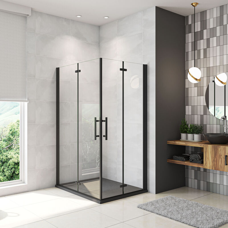 foto del prodotto 80x100x190 cm box doccia angolare porte battente e pieghevoli vetro 5mm temperato trasparente anticalcare profilo nero opaco piatto doccia incluso