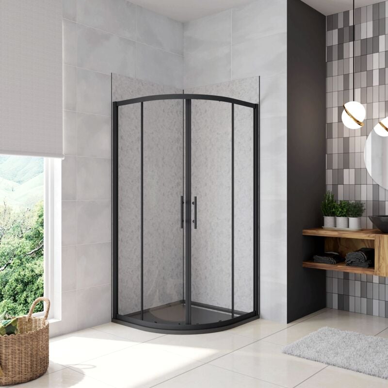 foto del prodotto 80x80x185 cm box doccia semicircolare ante scorrevoli vetro temperato 5mm trasparente profilo nero opaco piatto doccia incluso