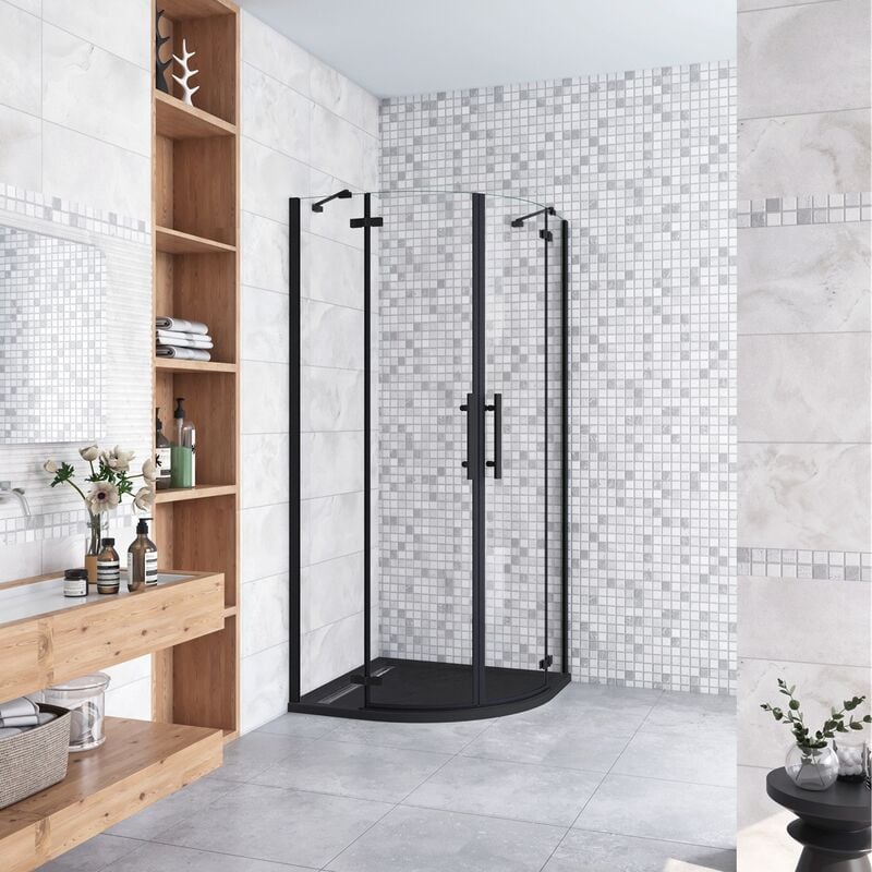 foto del prodotto 80x80x195 cm box doccia semicircolare doppia porta battente saloon vetro 6mm temperato trasparente easyclean, barra stabilizzatrice e telai in nero