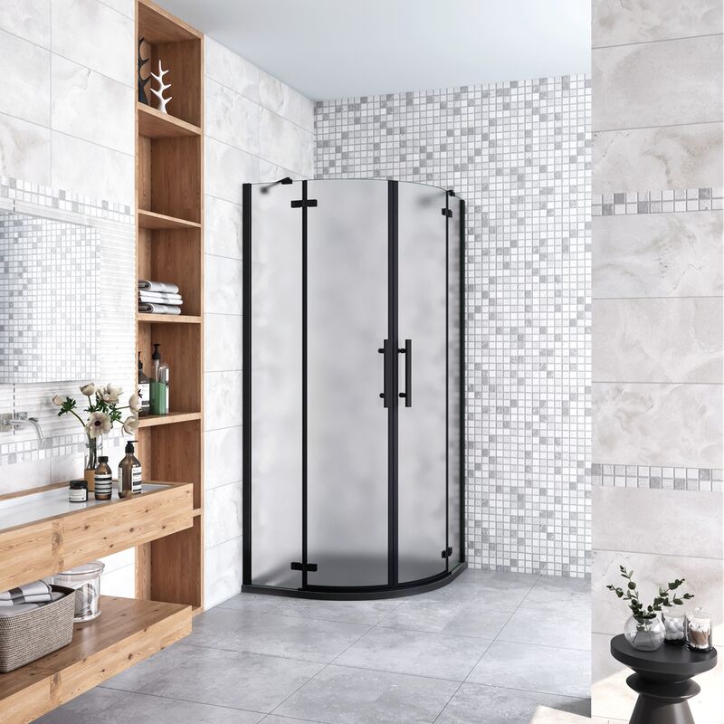 foto del prodotto 80x80x195cm box doccia semicircolare apertura battente saloon vetro 6 mm temperato satinato anticalcare con 2 barre stabilizzatrici telai in nero