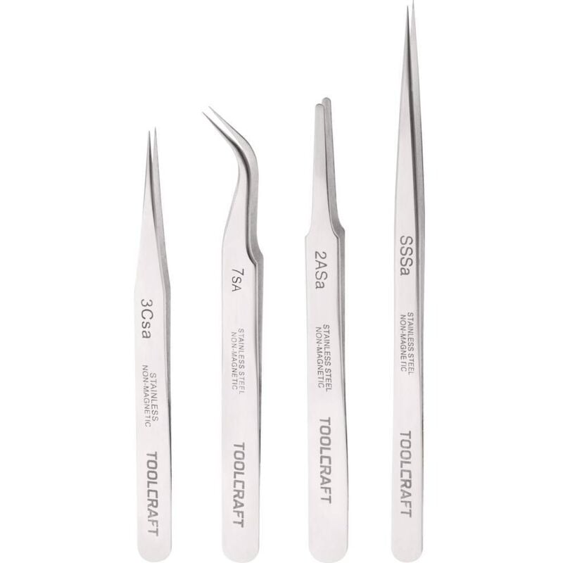 foto del prodotto 816747 kit pinzette 4 parti ss sa, 2a sa, 7 sa, 3c sa piatte tonde, punte curve, piegate 55 , acuminate, acum toolcraft