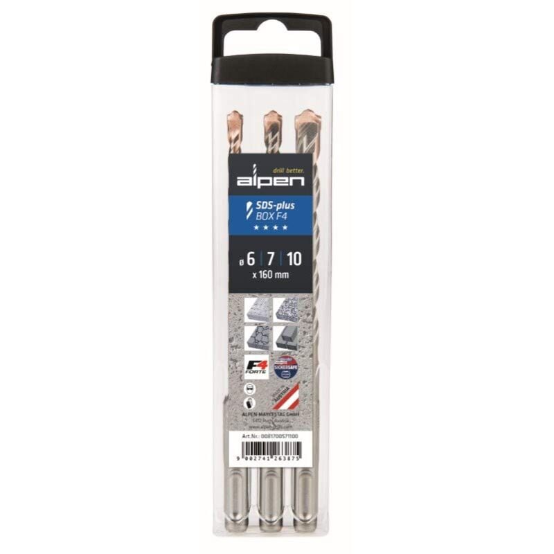 foto del prodotto 81700571100 sds plus f4 set di punte per martello 3 pezzi, diametro 6 7 10 x 160 mm . alpen