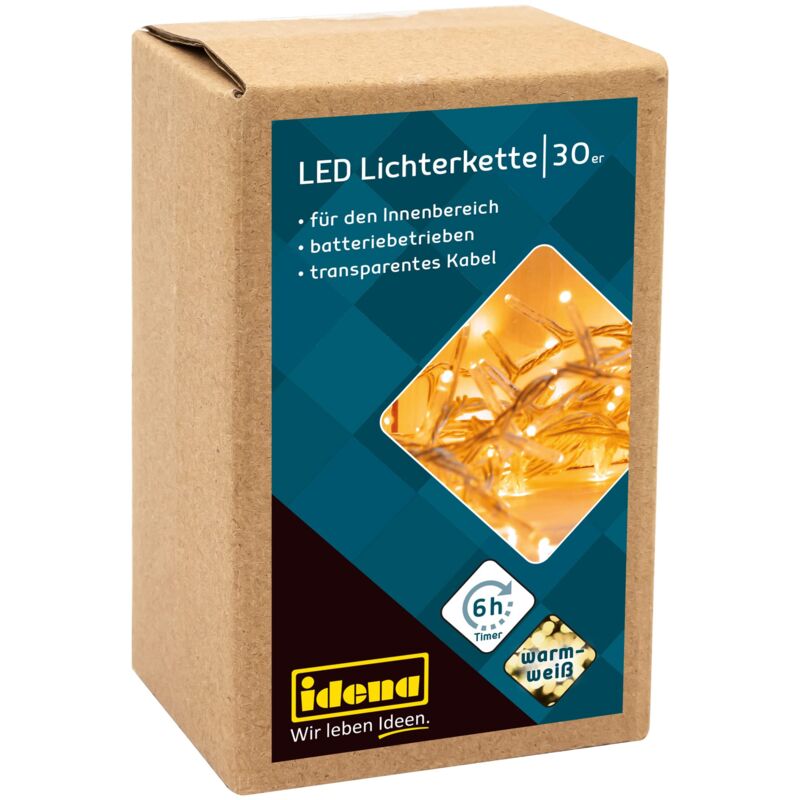foto del prodotto 8582074 catena luminosa a led con 30 led in bianco caldo, con funzione timer 6 ore, a batteria, lunga circa 2,6 m, per uso interno, come