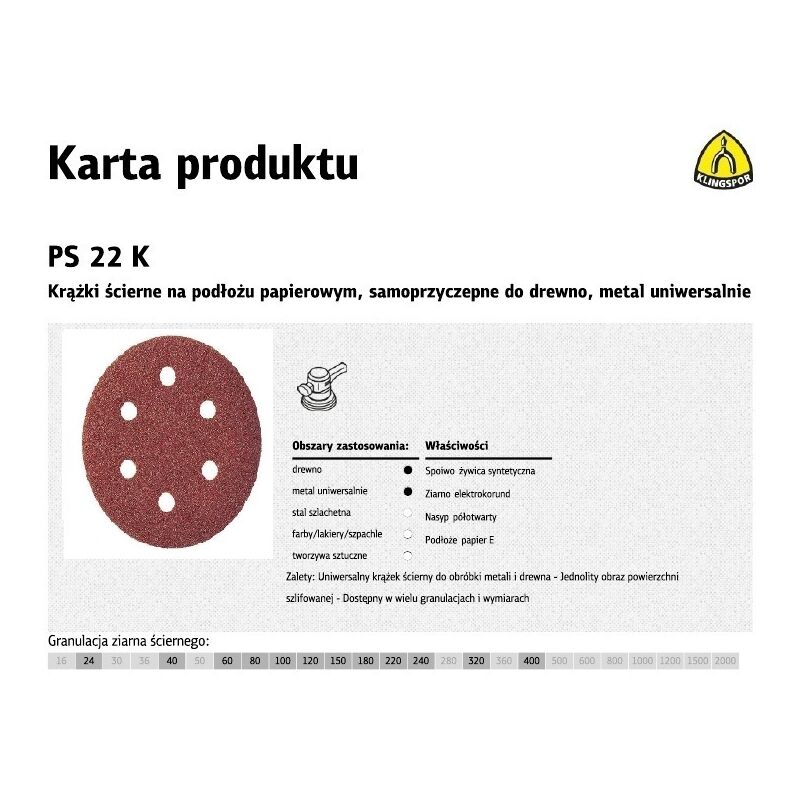 foto del prodotto 86637 dischi con supporto de papel con fissaggio a velcro, ps 22 k, 150 grani, 150 mm di diametro, gl s3 forma de perforazione klingspor