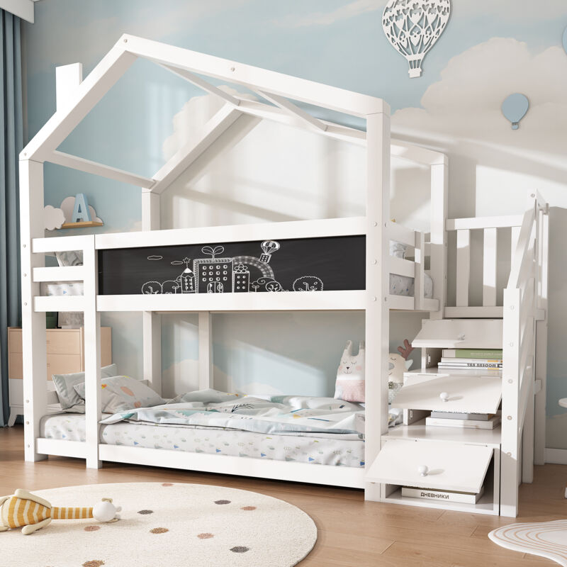 foto del prodotto 891234aaw letto per bambini treehouse 90 x 200 cm, letto a castello per bambini con caminetto, contenitore e protezione anticaduta, bianco, tavola