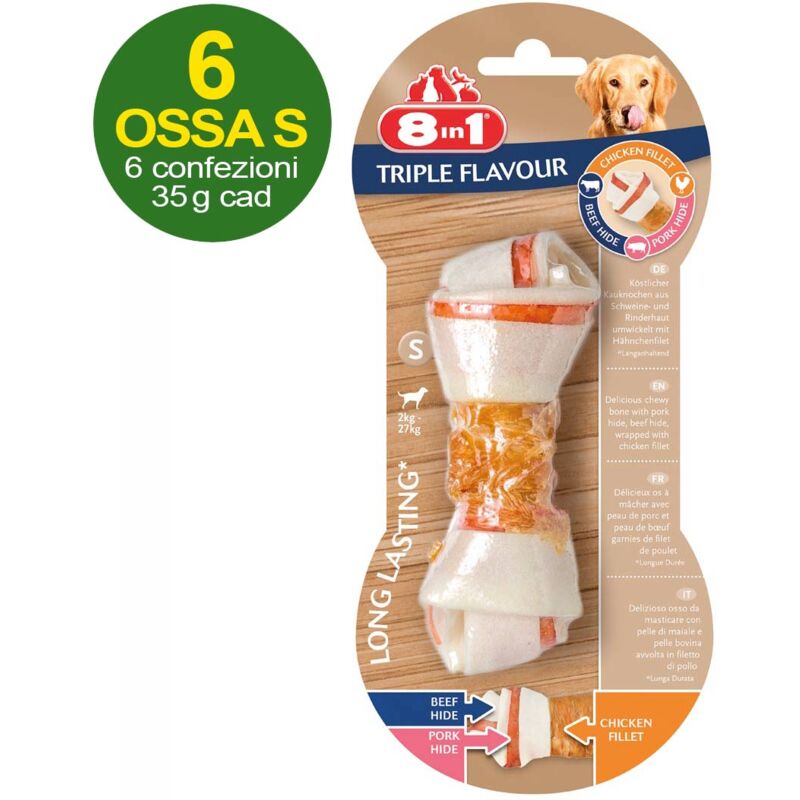 foto del prodotto 8in1 6 ossa triple flavour taglia s con triplo gusto pollo manzo maiale offerta risparmio 6 confezioni da 1 osso ciascuna