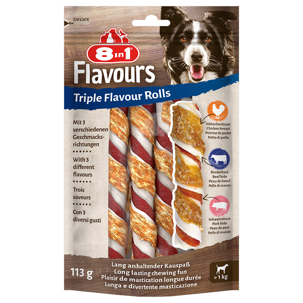 foto del prodotto 8in1 triple flavour rolls bastoncini da masticare snack per cane 3 pz