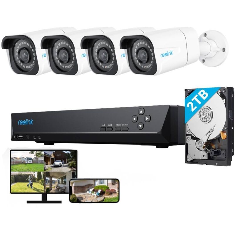 foto del prodotto 8mp kit di videosorveglianza 4x telecamera ip poe bullet, nvr 8ch 2tb, rilevamento persone veicoli, visione notturna 30m con audio, rlk8-800b4-a
