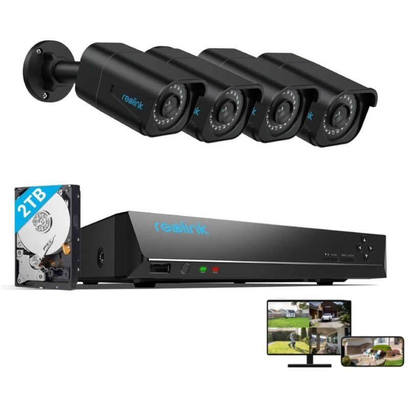 foto del prodotto 8mp kit di videosorveglianza 4x telecamera ip poe bullet, nvr 8ch 2tb, rilevamento persone veicoli, visione notturna 30m con audio, rlk8 800b4 a nero