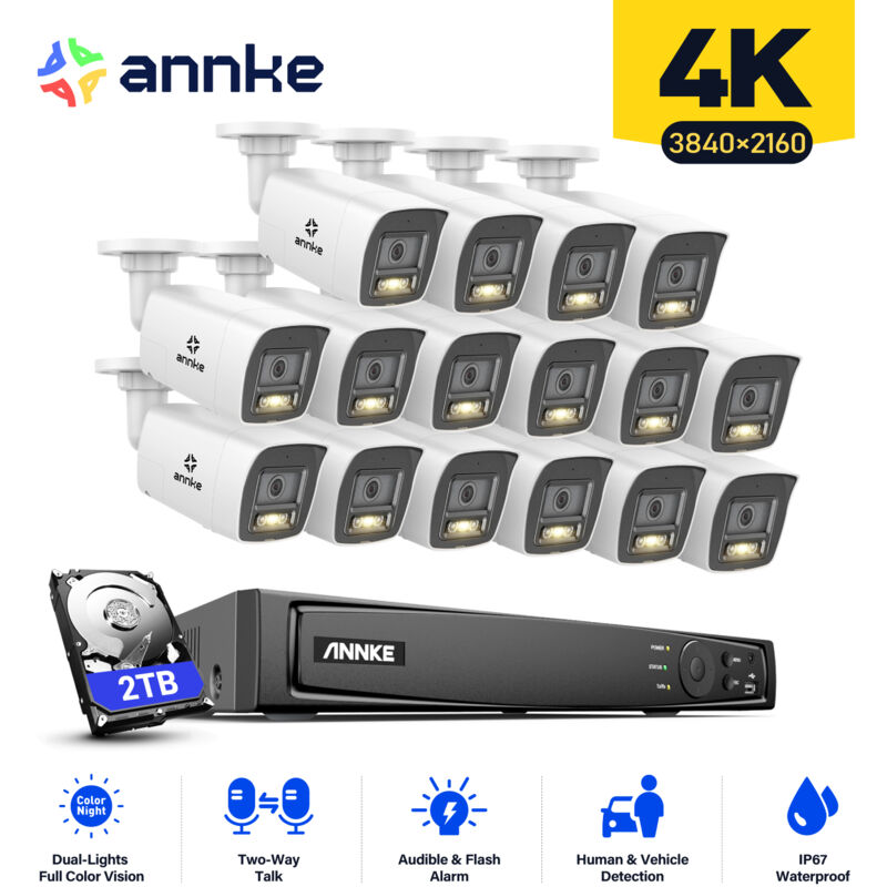 foto del prodotto 8mp kit di videosorveglianza cablato,16ch nvr con 16 telecamere poe audio bidirezionale,colori visione notturna sistema di telecamere di
