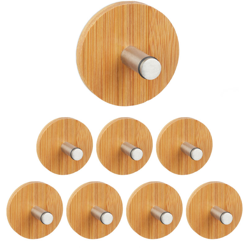 foto del prodotto 8x set ganci adesivi, autoadesivi, appendini rotondi, per bagno e cucina, acciaio antiruggine e bamb , naturale