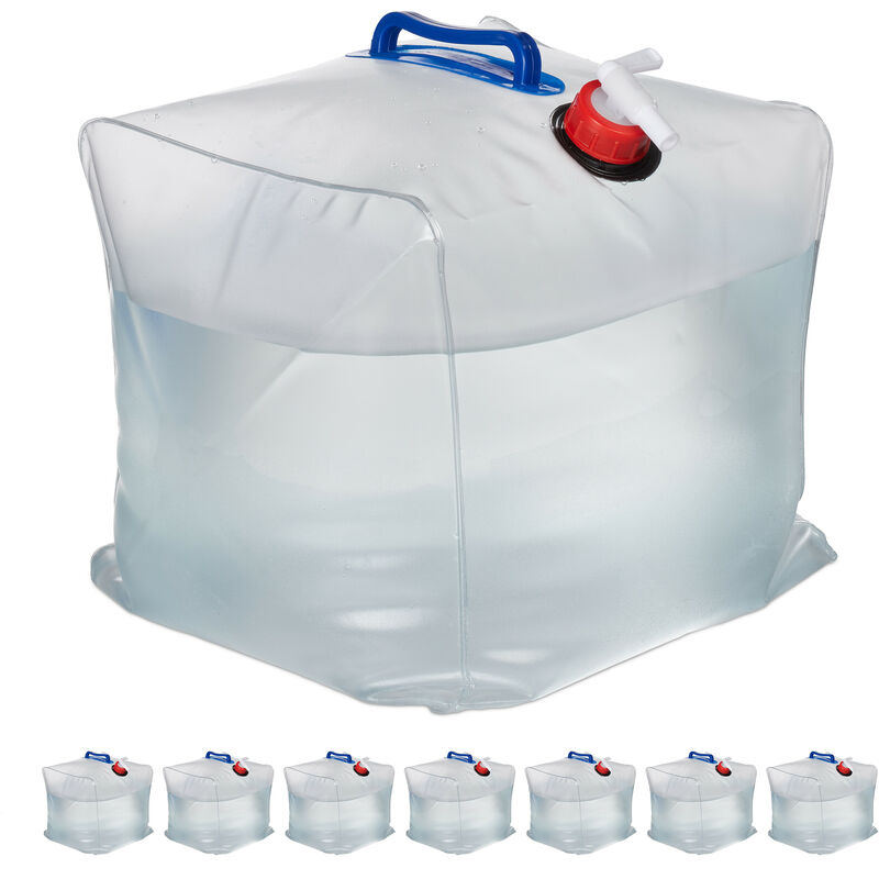 foto del prodotto 8x tanica acqua da campeggio, 20 l, pieghevole, set da 8, con rubinetto, manici, serbatoio bpa free, trasparente