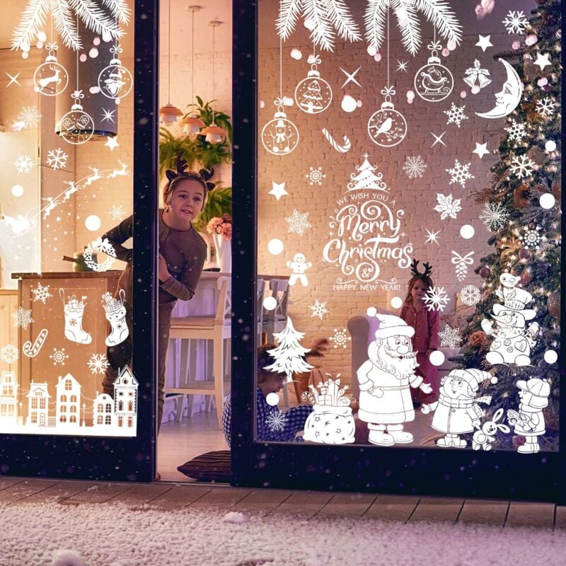 foto del prodotto 9 adesivi natalizi per finestre, decorazioni natalizie in pvc, adesivi statici per finestre, fiocchi di neve per porte in vetro, finestre,