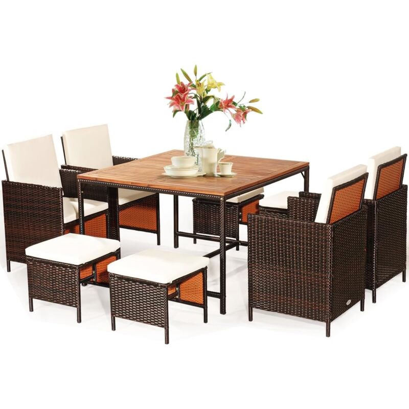 foto del prodotto 9 pezzi set di mobili da giardino in rattan, con cuscini rimovibili, set mobili con poltrone di vimini e ottomane, ideale per giardino cortile e