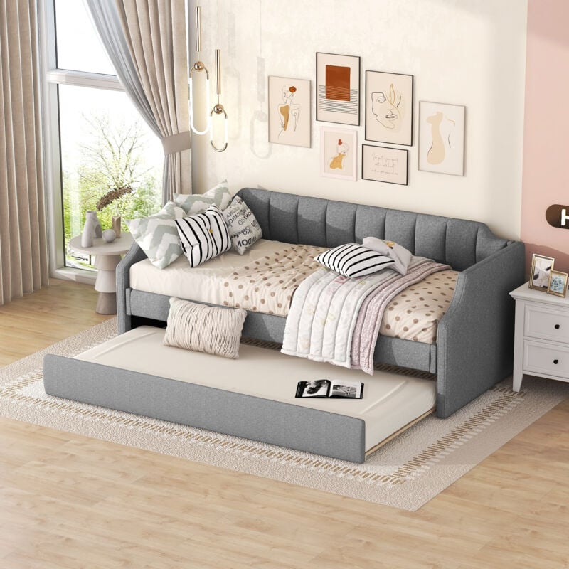 foto del prodotto 90 x 200 190 letti day, divano letto singolo imbottito con rotelle, grigio okwish