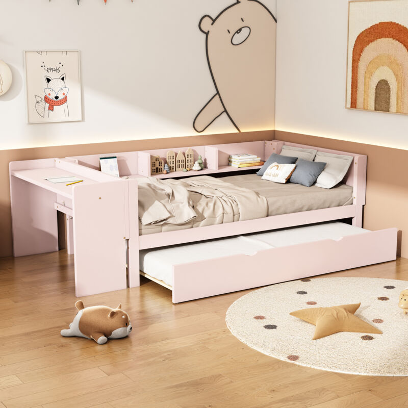foto del prodotto 90200 cm, letto basso, con letto estraibile, con scrivania, tre ripiani a lato del letto, rosa