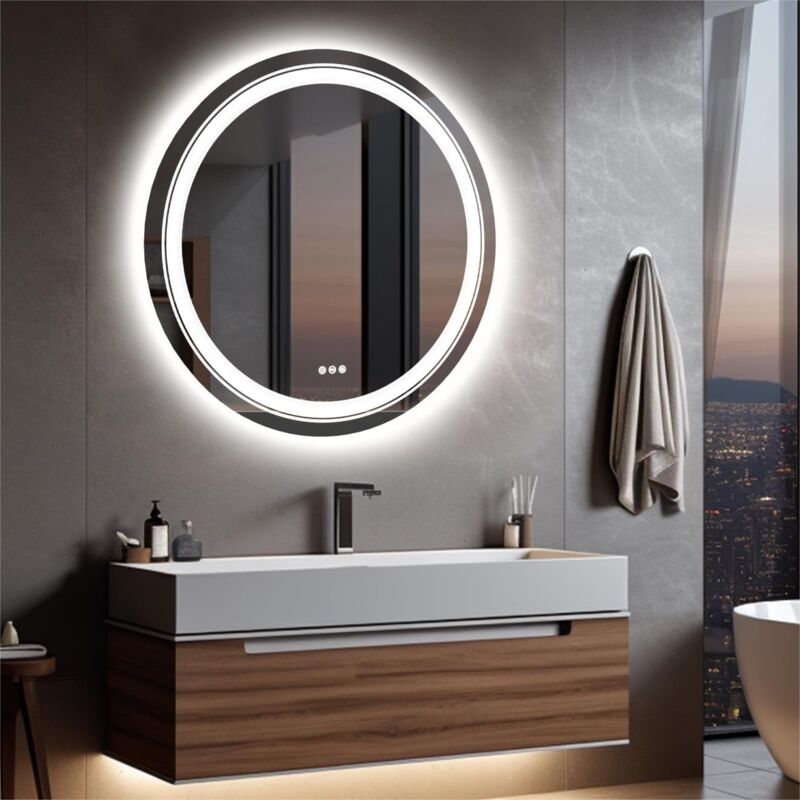 foto del prodotto 90cm specchio da bagno con led luce retroilluminato frontale rotondo specchio smart dimmerabile 3 colori