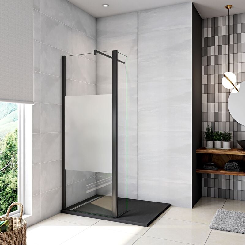 foto del prodotto 90x200cm walk in doccia due pareti 60 30 vetro 8 mm temperato anticalcare antifrantumi fascia opaca barra stabilizzatrice 90 cm nera opaca