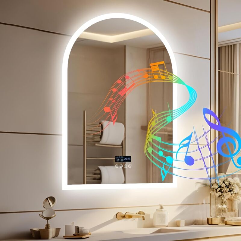 foto del prodotto 90x60cm specchio bagno bluetooth music digitale con led retroilluminato arco smart touch con data tempo luvodi