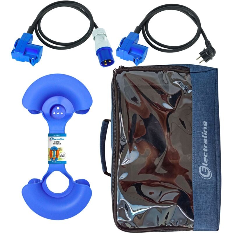 foto del prodotto 92411 set campeggio ip44 con prolunga adattatore 1,5m doppia presa schuko cee, spina cee , cordone 1,5m doppia presa, spina schuko ,