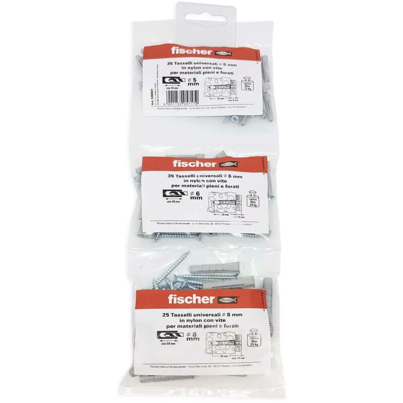 foto del prodotto 95 tasselli in nylon fischer misti diametro 5 6 8 con vite