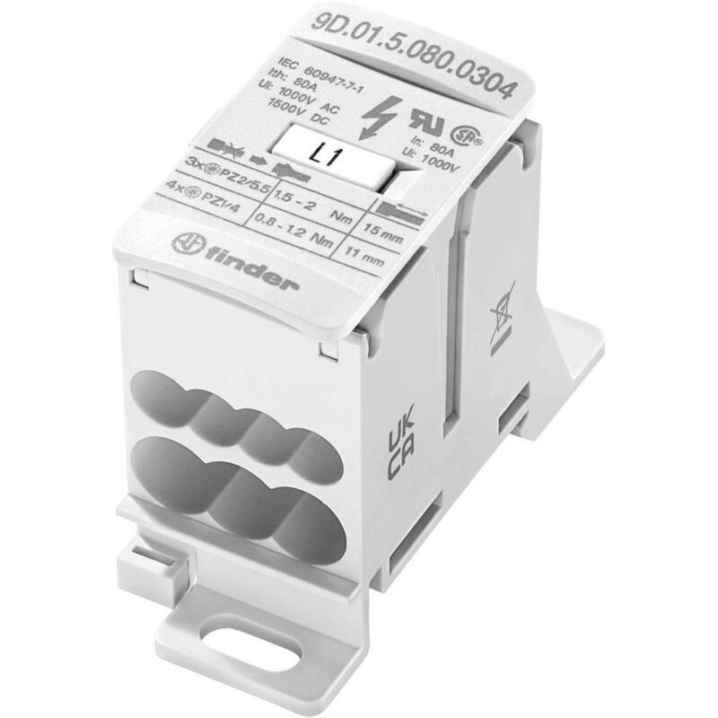 foto del prodotto 9d.01.5.080.0304 distributore bianco 7 poli 6 mm 80 a 1000 v ac, 1500 v dc tipo di conduttore l, n, pe finder