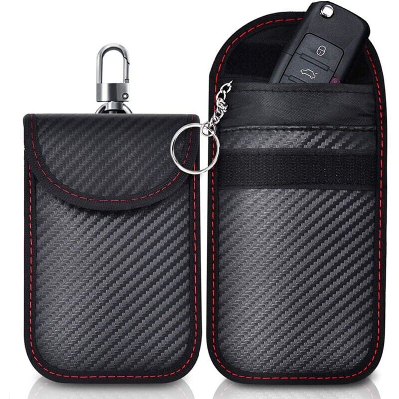 foto del prodotto 9x14cm borsa a marsupio anti rfid faraday, 2 confezioni di sacchetti di blocco del segnale chiave auto in fibra di carbonio, con 2 portachiavi in