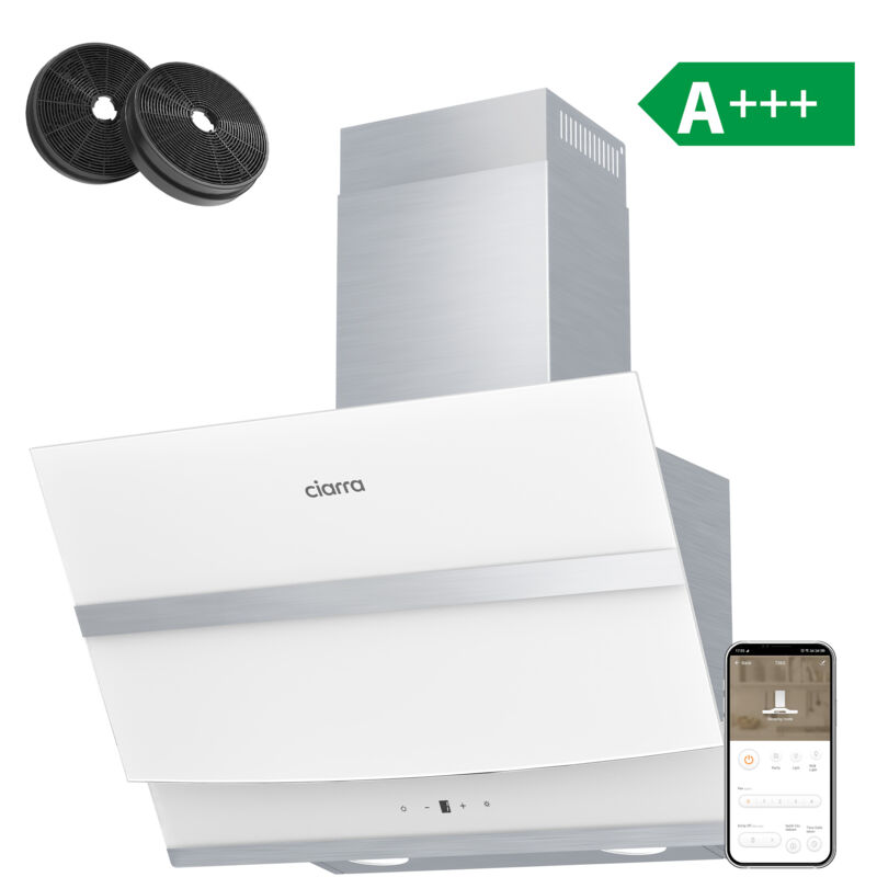 foto del prodotto a cappa aspirante 60 cm 650 m3 h 4 livelli booster pannello touch vetro bianco 736nwh60 ciarra