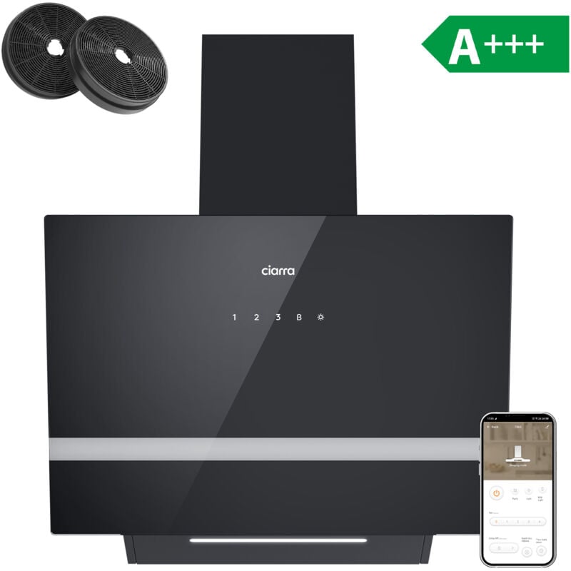 foto del prodotto a cappa inclinata 60 cm 650m h 4 livelli booster pannello touch nero cd6736hb ciarra