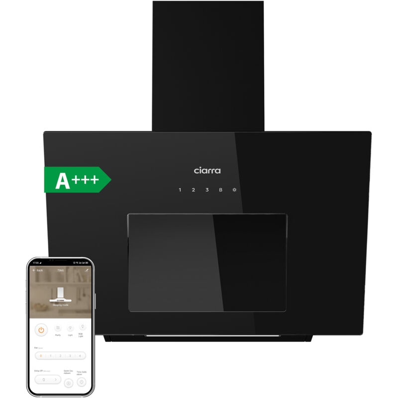 foto del prodotto a cappa inclinata 60cm app wi fi 650m h booster apertura automatica nero cd6736mb ciarra