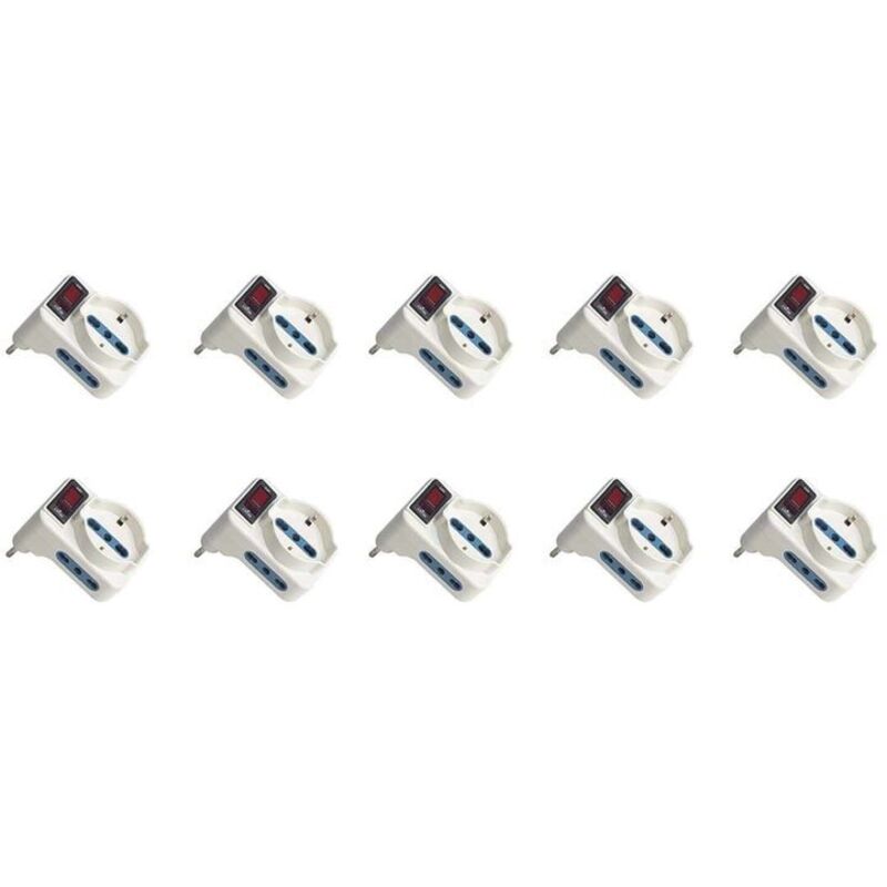 foto del prodotto a2zworld - adattatore triplo con interruttore spina 10a con 2 prese bipasso 10a 16a e 1 presa universale 10a 16a max 1500w salvaspazio bianco