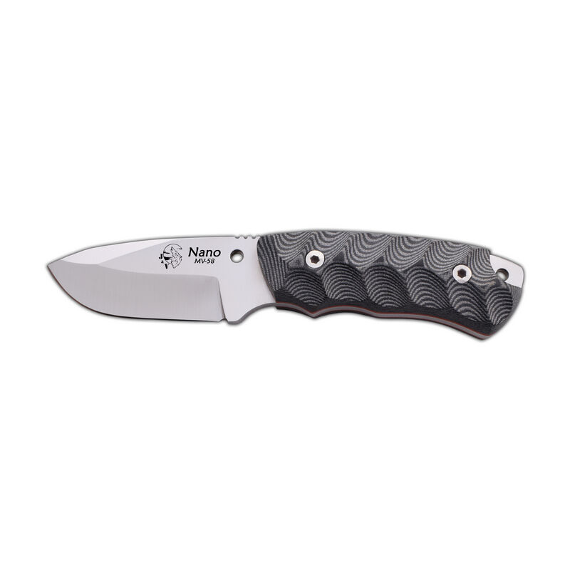 foto del prodotto aafgvc bushcraft nano 2.0 coltello j v full length con mango nero micarta, lama da 7,5 cm e custodia in pelle nera, attrezzo da campeggio per la
