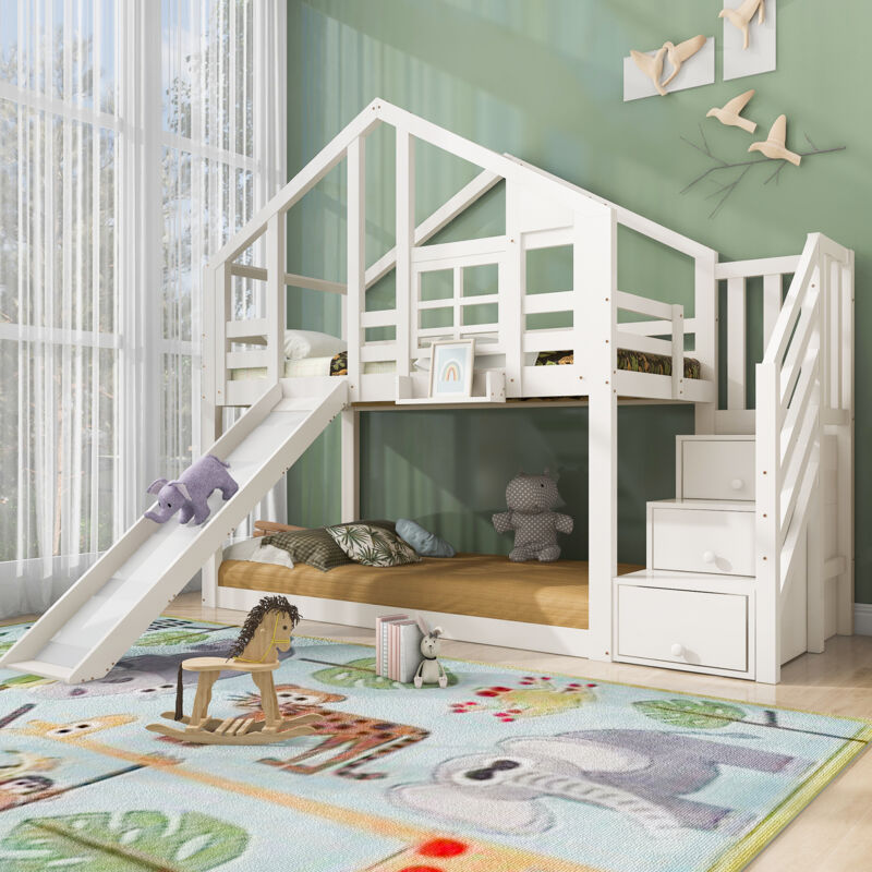 foto del prodotto ab30260789w casa sull albero per letto per bambini 90 x 200 cm, letto a castello per bambini con design a finestra con protezione antiscivolo e