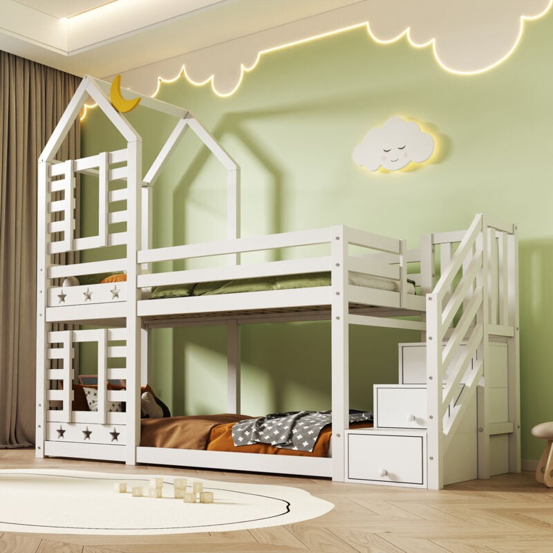 foto del prodotto ab30351678w letto per bambini, letto a castello sull albero con cassetti e protezione anticaduta 90 x 200 cm, letto a soppalco per bambini 2x reti