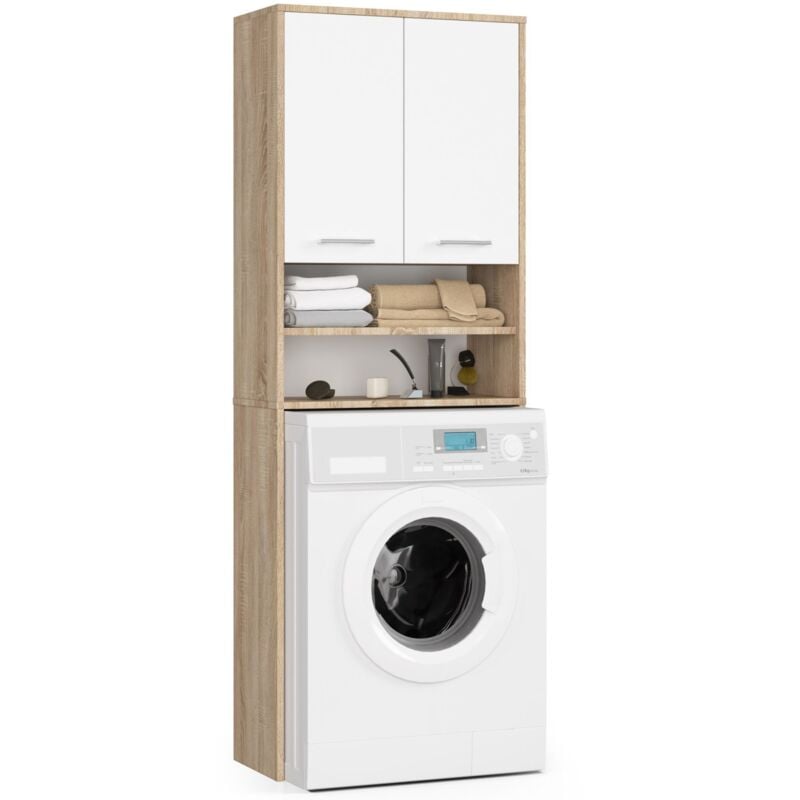 foto del prodotto abamihome colonna da bagno akord fin per incasso di una lavatrice sonoma quercia 64 cm 2 ante inserto frontale bianco 64x30x180 cm