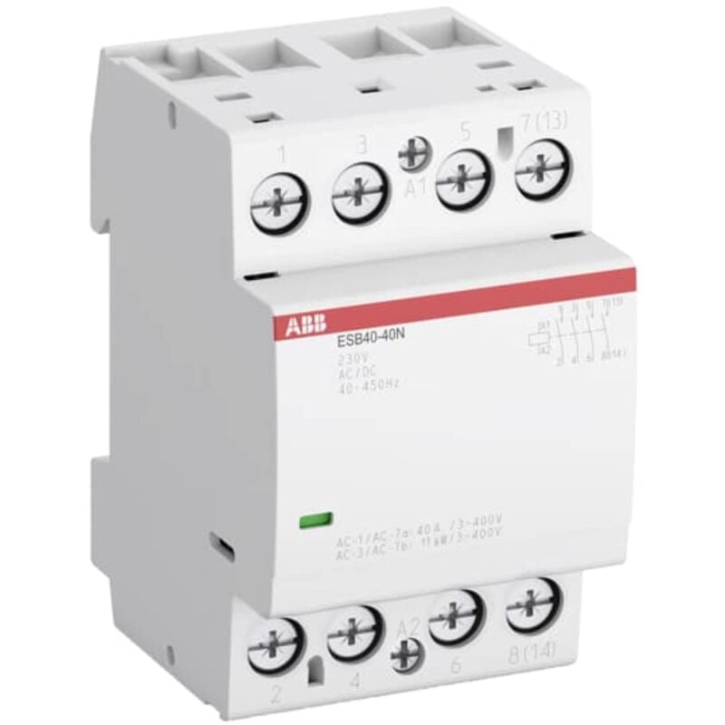 foto del prodotto abb contattore di installazione, modello esb40 22n 06, 4 poli, 2 contatti principali no 40a e 2 contatti principali nc 30a, 230v, bianco, 6,5 x 5,4