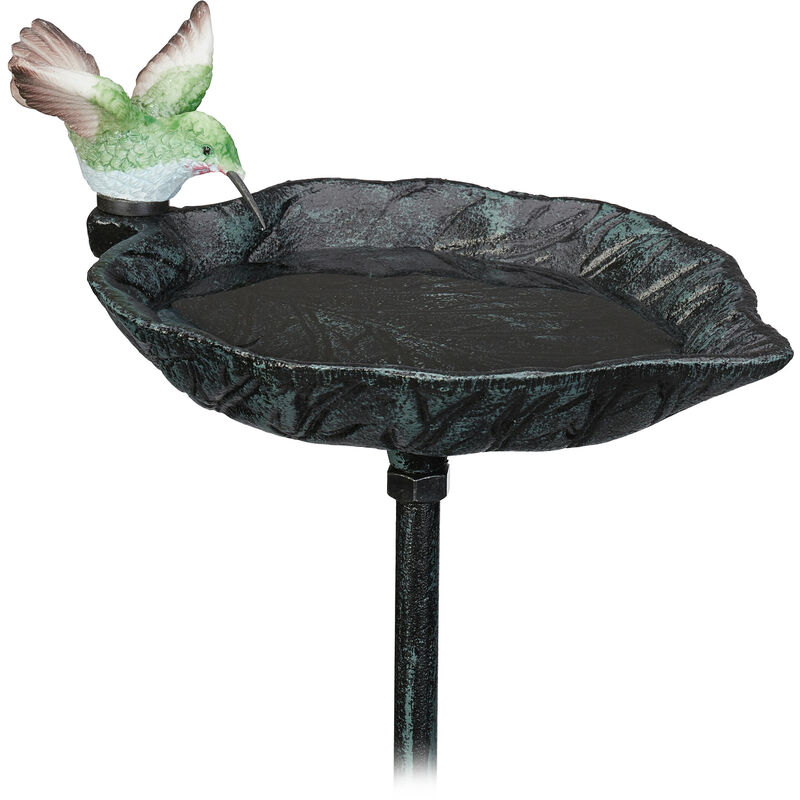 foto del prodotto abbeveratoio per uccellini in ghisa, 100,5 x 13,5 x 19 cm, vaschetta con asta per acqua e mangime, verde scuro relaxdays
