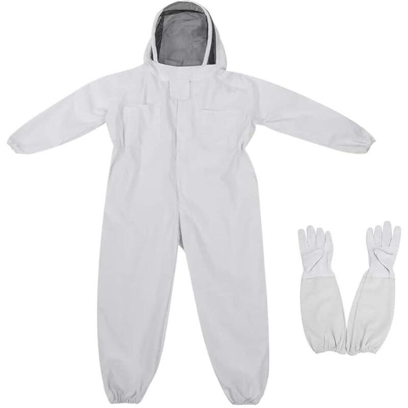 foto del prodotto abbigliamento per apicoltura tuta per bambini, tuta anti-api monopezzo con cappuccio a velo, abbigliamento protettivo per bambini, completo per apicoltore (bianco, medio)