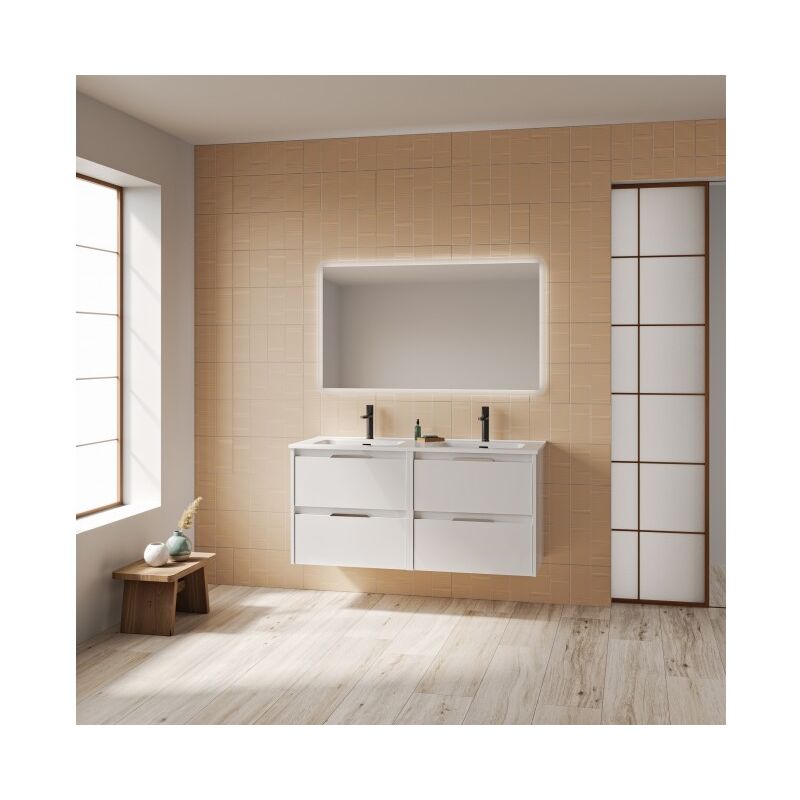 foto del prodotto abitare bristol mobile bagno a terra 120 cm bianco lucido con lavabo bianco 120 cm con specchio e lampada led