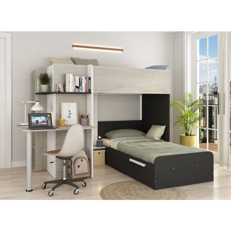 foto del prodotto abitare letto a castello 241.2x160.1 cm nero grafite rovere e bianco opaco con armadio e scrivania osimo