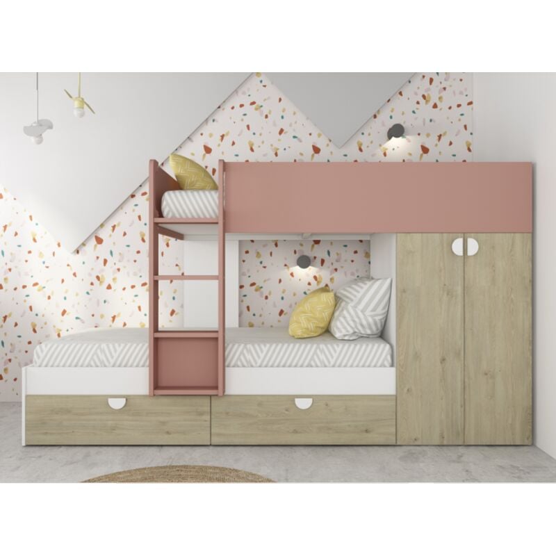 foto del prodotto abitare letto a castello 263,8x107,4 cm rosa antico, rovere e bianco opaco con armadio varazze