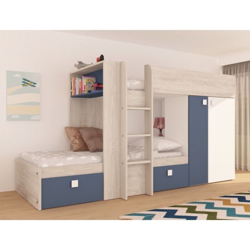 foto del prodotto abitare letto a castello 285x110x150 cm blu fumo, rovere e bianco opaco con armadio e base letto inferiore albenga